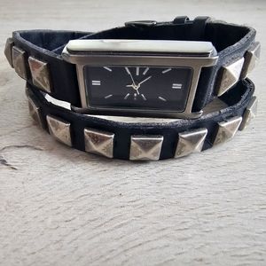 Black Leather Wrap Studded Watch